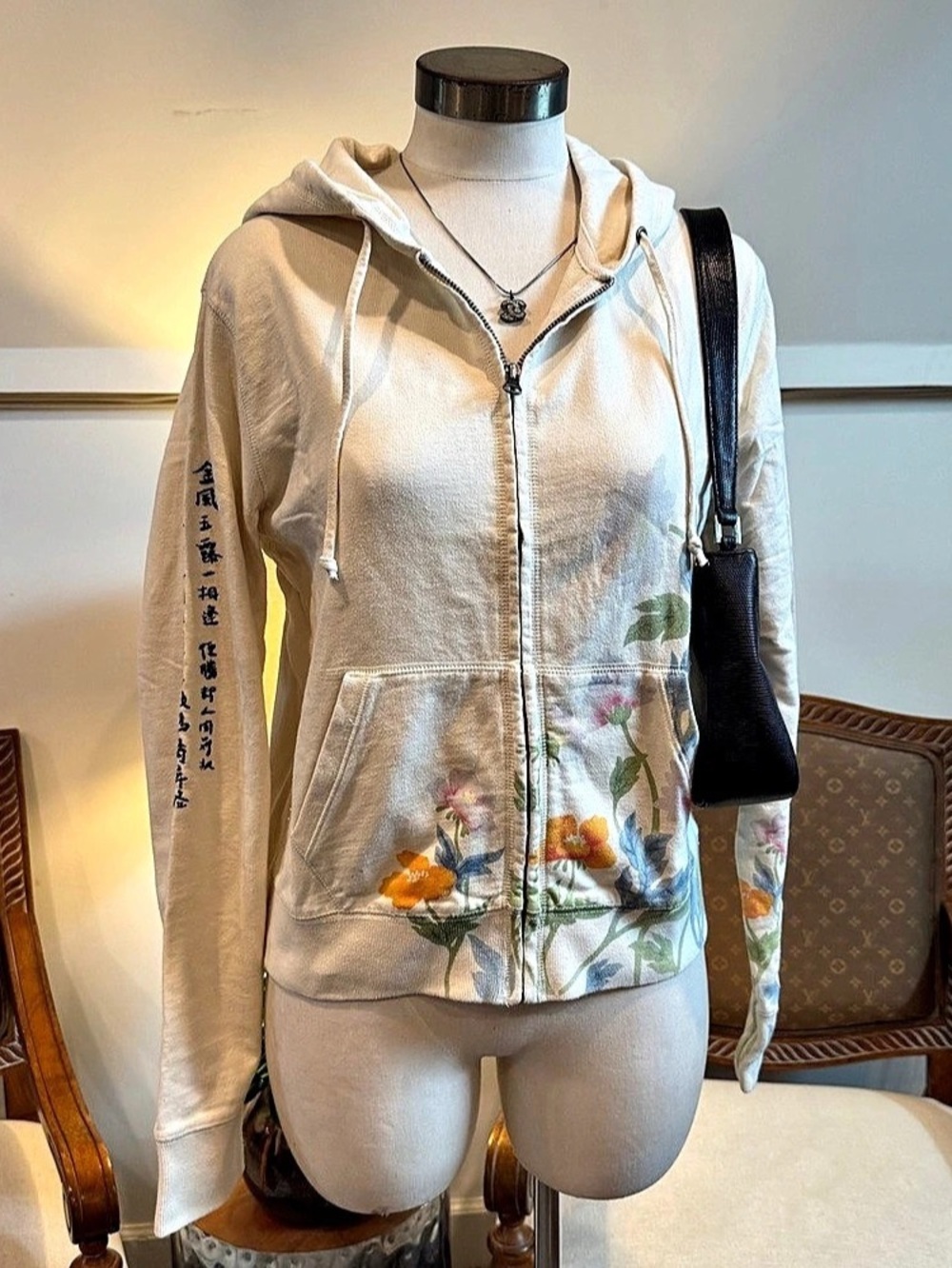 Vintage Lucky Brand Y2K Floral Zip-Up Jacket Hoodie M Floral Asian Boho Cotton